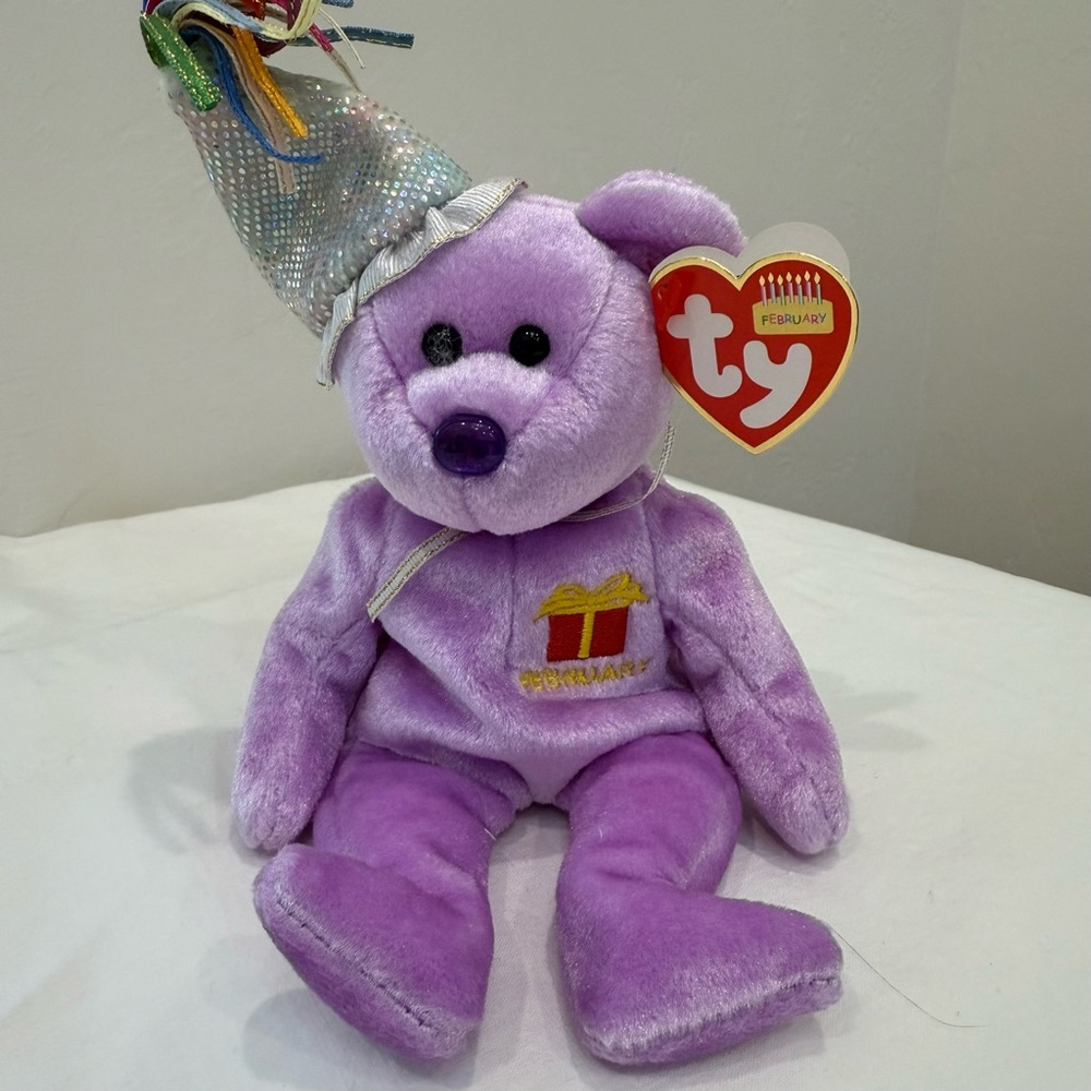 “February” Birthday Bear — Ty Beenie Babied Tags + Display Case!